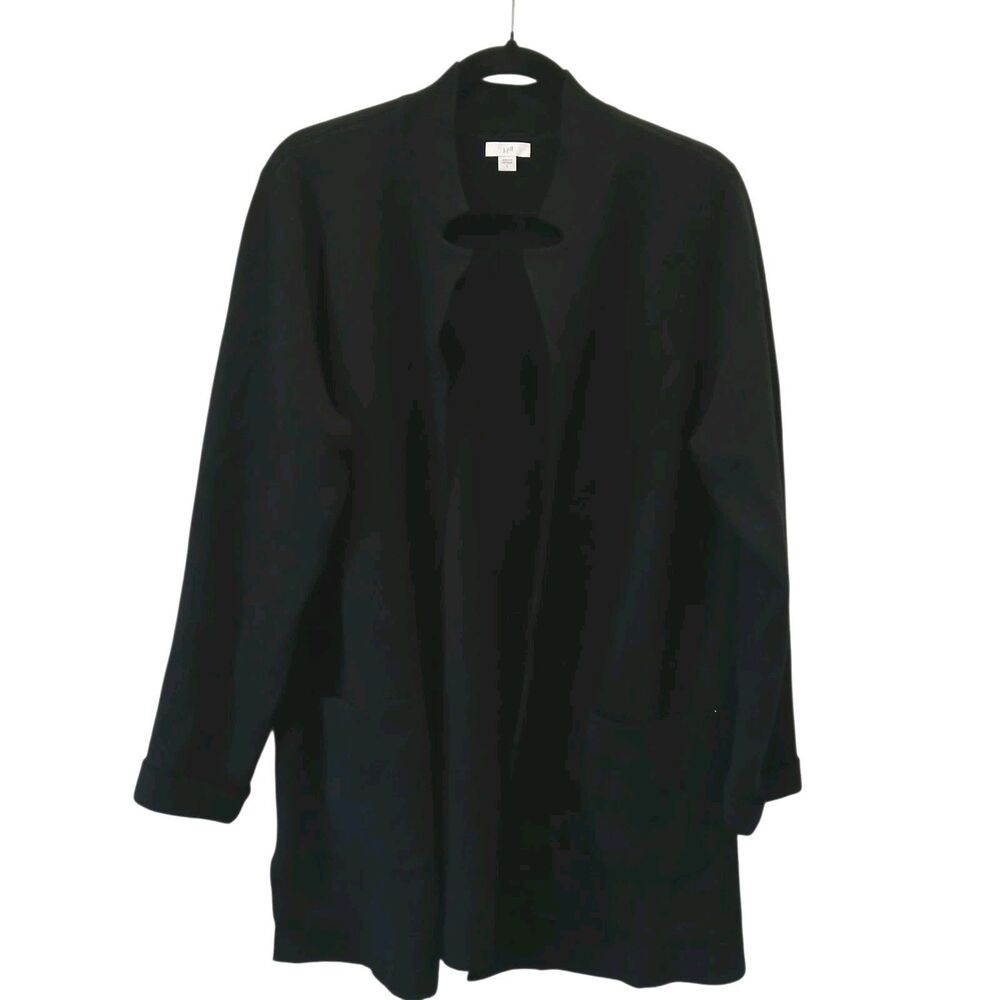 J Jill Open Front Cardigan Duster Patch Pockets Large Black Long Sleeve Mock